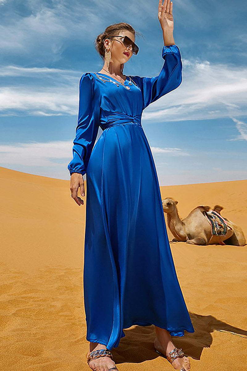 Charger l&#39;image dans la galerie, Col V bleu royal manches longues caftan marocain