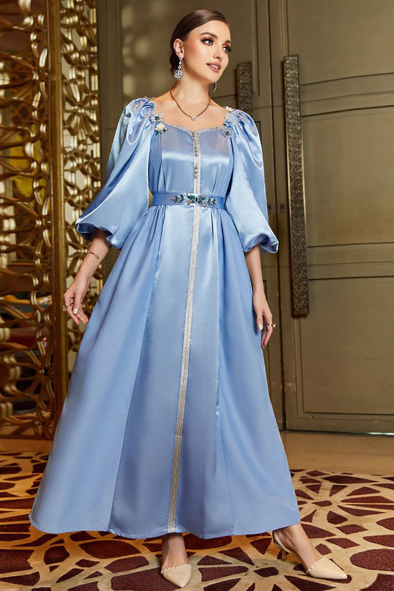 Charger l&#39;image dans la galerie, Robe de soirée à manches bouffantes bleues Abaya Maroc Robe femme