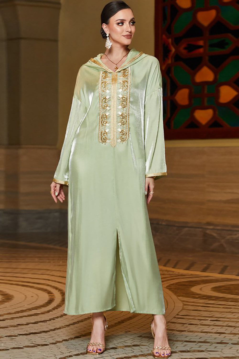 Robe maxi à capuche Abaya verte à manches longues