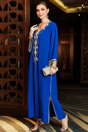 Blue Tassel Perles Manches Dubaï Caftan Abaya Maxi Robe