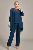 Costumes pantalon 3 pièces à manches longues bleu marine pour la mère de la mariée