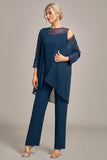 Costumes pantalon 3 pièces à manches longues bleu marine pour la mère de la mariée