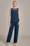 Costumes pantalon 3 pièces à manches longues bleu marine pour la mère de la mariée