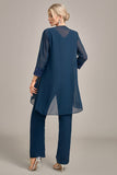 Costumes pantalon 3 pièces à manches longues bleu marine pour la mère de la mariée