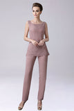 Dusty Rose 3 pièces en mousseline de soie mère de mariée pantalon costumes