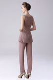 Dusty Rose 3 pièces en mousseline de soie mère de mariée pantalon costumes