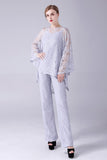 Argent 3 Pièces Manches Longues Mère de la Mariée Pantalon Costumes