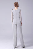 Argent 2 pièces en mousseline de soie mère de la mariée pantalon costumes