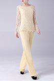 Jonquille à manches longues Dentelle Top Mère de la mariée Pantalon Costumes