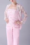 Rose 3 Pièces Dentelle Manteau Mère de la Mariée Pantalon Costumes