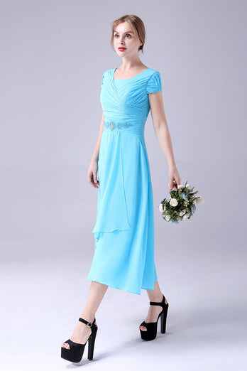 Bleu ciel A-ligne col carré mère de la robe de mariée avec plissée