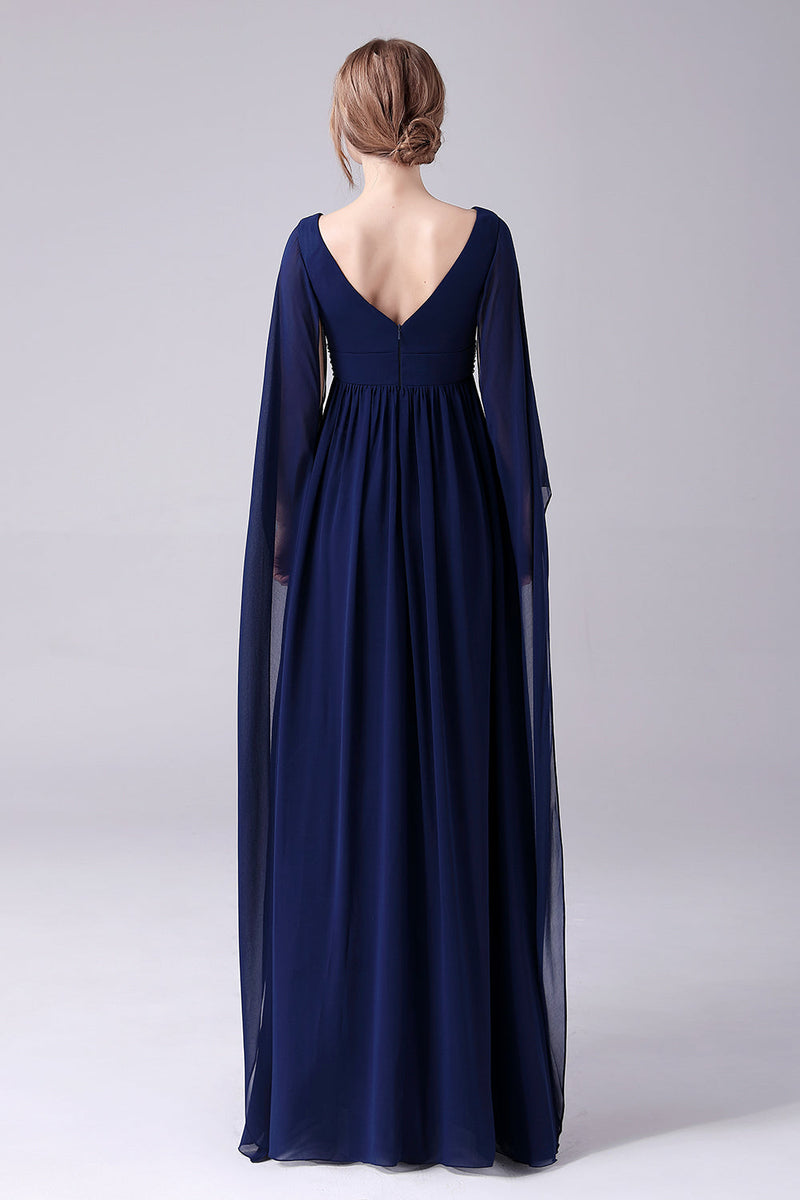 Charger l&#39;image dans la galerie, Robe de mariée en mousseline de soie bleu marine à col en V longueur au sol avec plissée