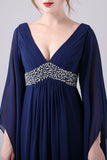 Robe de mariée en mousseline de soie bleu marine à col en V longueur au sol avec plissée