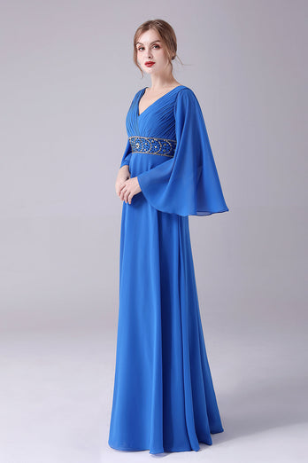 Bleu royal A-ligne col V plissé ras du sol longueur mère de la robe de mariée avec perles