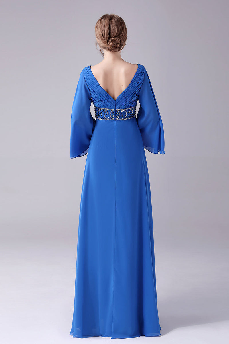 Charger l&#39;image dans la galerie, Bleu royal A-ligne col V plissé ras du sol longueur mère de la robe de mariée avec perles
