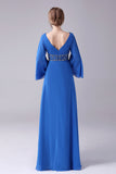 Bleu royal A-ligne col V plissé ras du sol longueur mère de la robe de mariée avec perles
