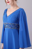 Bleu royal A-ligne col V plissé ras du sol longueur mère de la robe de mariée avec perles