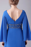 Bleu royal A-ligne col V plissé ras du sol longueur mère de la robe de mariée avec perles