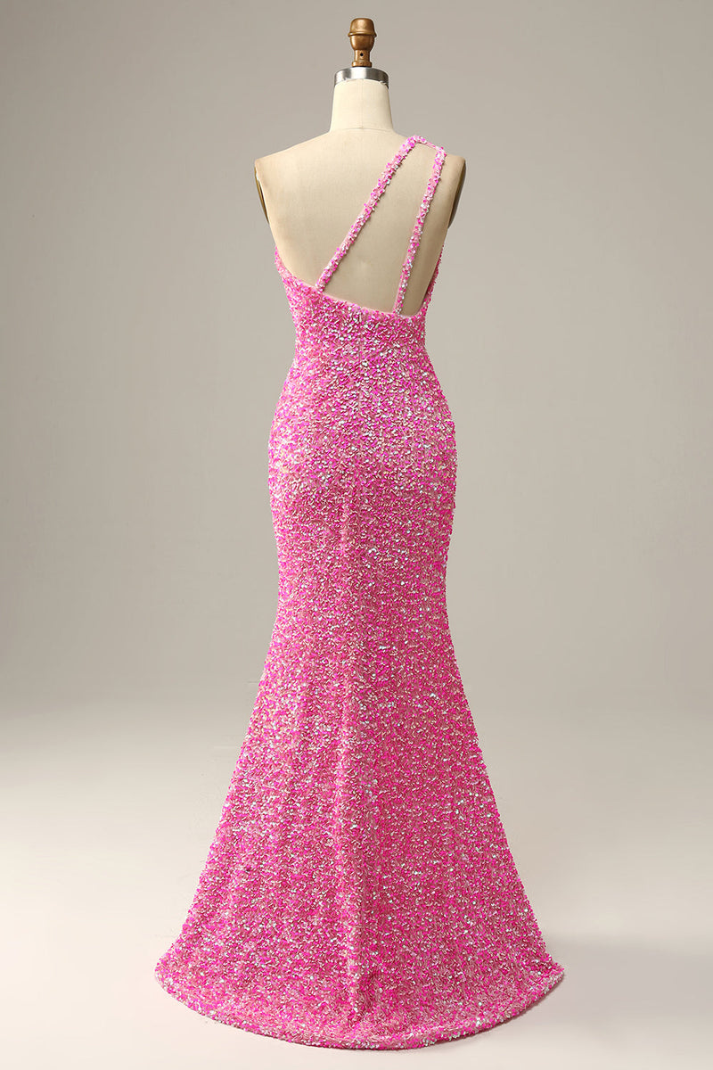 Charger l&#39;image dans la galerie, Fuchsia a pailleté une robe de bal de sirène à épaules avec fente