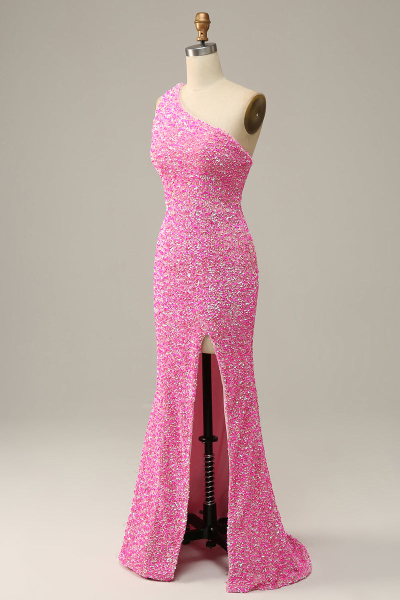 Charger l&#39;image dans la galerie, Fuchsia a pailleté une robe de bal de sirène à épaules avec fente