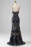 Robe de Soirée sirène à bretelles spaghetti bleu marine scintillant