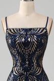Robe de Soirée sirène à bretelles spaghetti bleu marine scintillant
