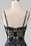 Robe de Soirée sirène à bretelles spaghetti bleu marine scintillant