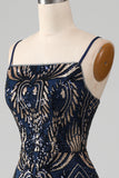 Robe de Soirée sirène à bretelles spaghetti bleu marine scintillant