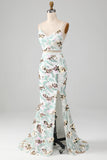 Robe de Soirée sirène scintillante blanche deux pièces avec fente