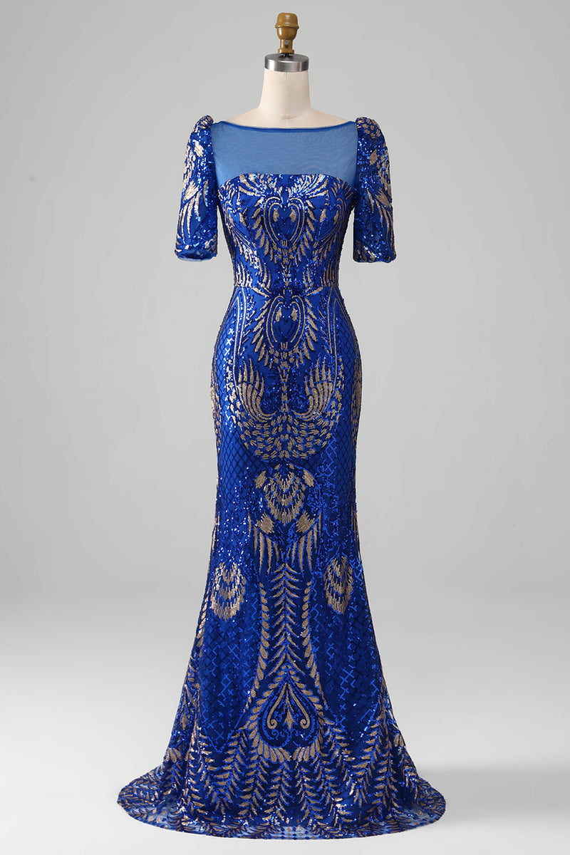 Charger l&#39;image dans la galerie, Sirène Robe de Soirée scintillante bleu royal à manches courtes