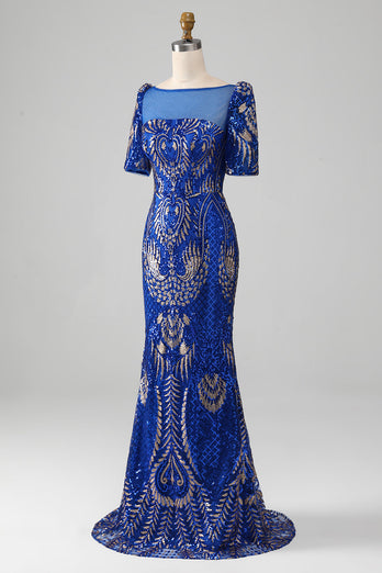 Sirène Robe de Soirée scintillante bleu royal à manches courtes