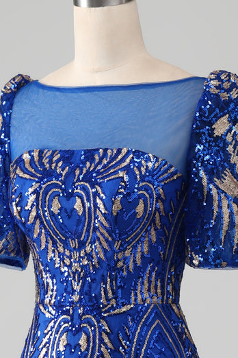 Sirène Robe de Soirée scintillante bleu royal à manches courtes