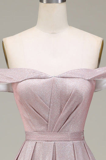 Robe de Soirée scintillante rose gris à épaules dénudées avec plis