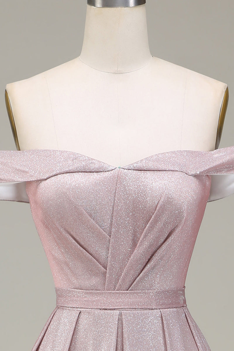 Charger l&#39;image dans la galerie, Robe de Soirée scintillante rose gris à épaules dénudées avec plis