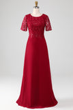 Bourgogne Une ligne col rond Sequin mère de robe de mariée avec Appliques