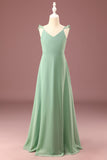 A-line Long Chiffon Matcha V-col Spaghetti Sangles Robe de demoiselle d'honneur junior