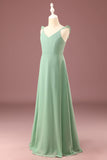 A-line Long Chiffon Matcha V-col Spaghetti Sangles Robe de demoiselle d'honneur junior