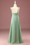 A-line Long Chiffon Matcha V-col Spaghetti Sangles Robe de demoiselle d'honneur junior