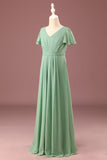 Long Matcha A-line Chiffon V-neck Manches courtes Robe de demoiselle d’honneur junior