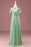 Long Matcha A-line Chiffon V-neck Manches courtes Robe de demoiselle d’honneur junior