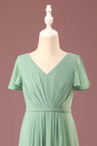 Long Matcha A-line Chiffon V-neck Manches courtes Robe de demoiselle d’honneur junior
