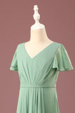 Long Matcha A-line Chiffon V-neck Manches courtes Robe de demoiselle d’honneur junior
