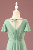 Long Matcha A-line Chiffon V-neck Manches courtes Robe de demoiselle d’honneur junior