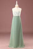 Matcha A-line Longueur du sol Col rond Sans manches Robe de demoiselle d'honneur junior