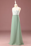 Matcha A-line Longueur du sol Col rond Sans manches Robe de demoiselle d'honneur junior