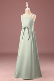 Matcha A-ligne Satin Bretelles Spaghetti Longue Robe De Demoiselle D'honneur Junior