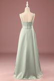 Matcha A-ligne Satin Bretelles Spaghetti Longue Robe De Demoiselle D'honneur Junior