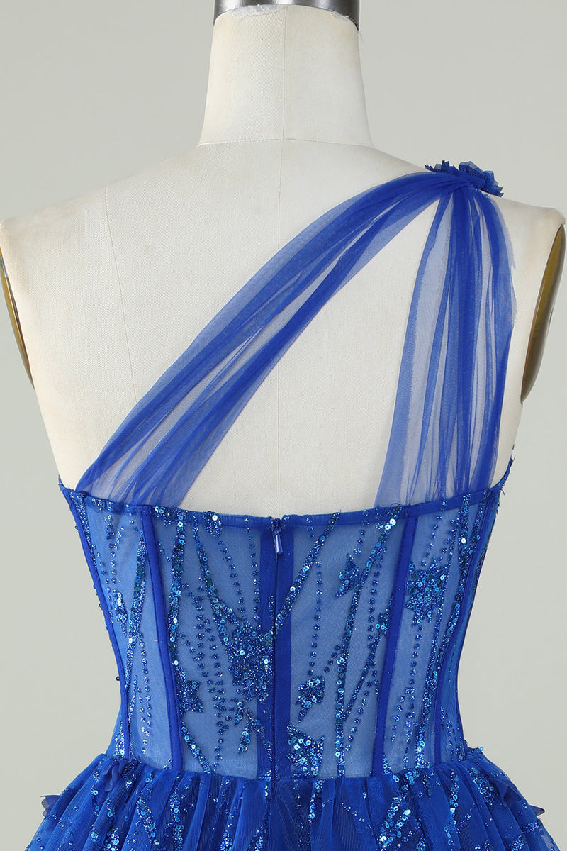 Charger l&#39;image dans la galerie, Élégant Une ligne une épaule bleu royal Corset Robe Cocktail avec perles