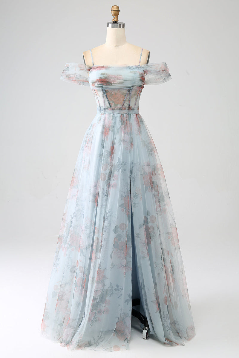 Charger l&#39;image dans la galerie, Robe de soirée longue corset longue à épaules froides imprimée bleu A-ligne avec fente
