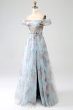 Robe de soirée longue corset longue à épaules froides imprimée bleu A-ligne avec fente